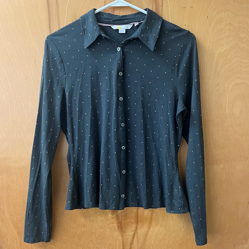 Boden Knit Shirt Womens Sz 8 Green Gold Metallic Polka Dot Long Sleeve Button Up